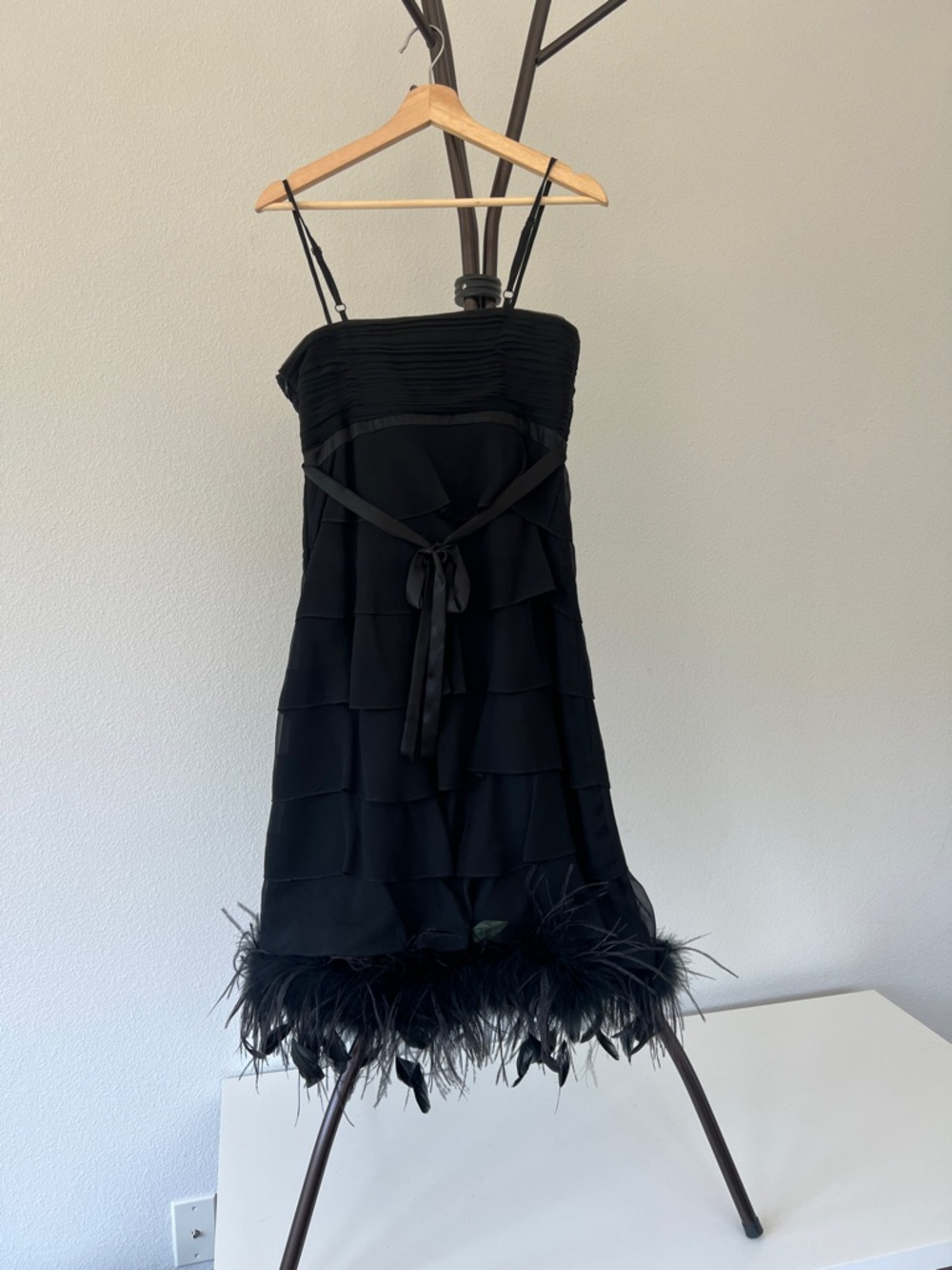 Black Tiered Cocktail Dress with Feather Hem - Picture 2 of 2